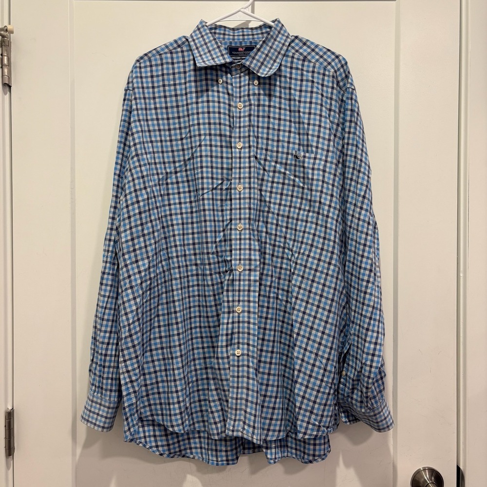 Vineyard Vines Men XXL Slim Fit Tucker Shirt Blue Gingham Check Cotton Button Up